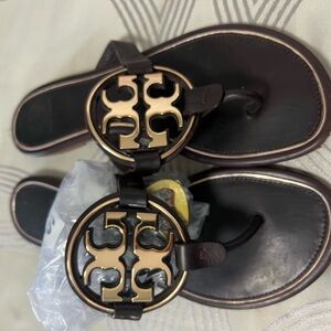 Tory Burch Brown Sandals with Gold Logo